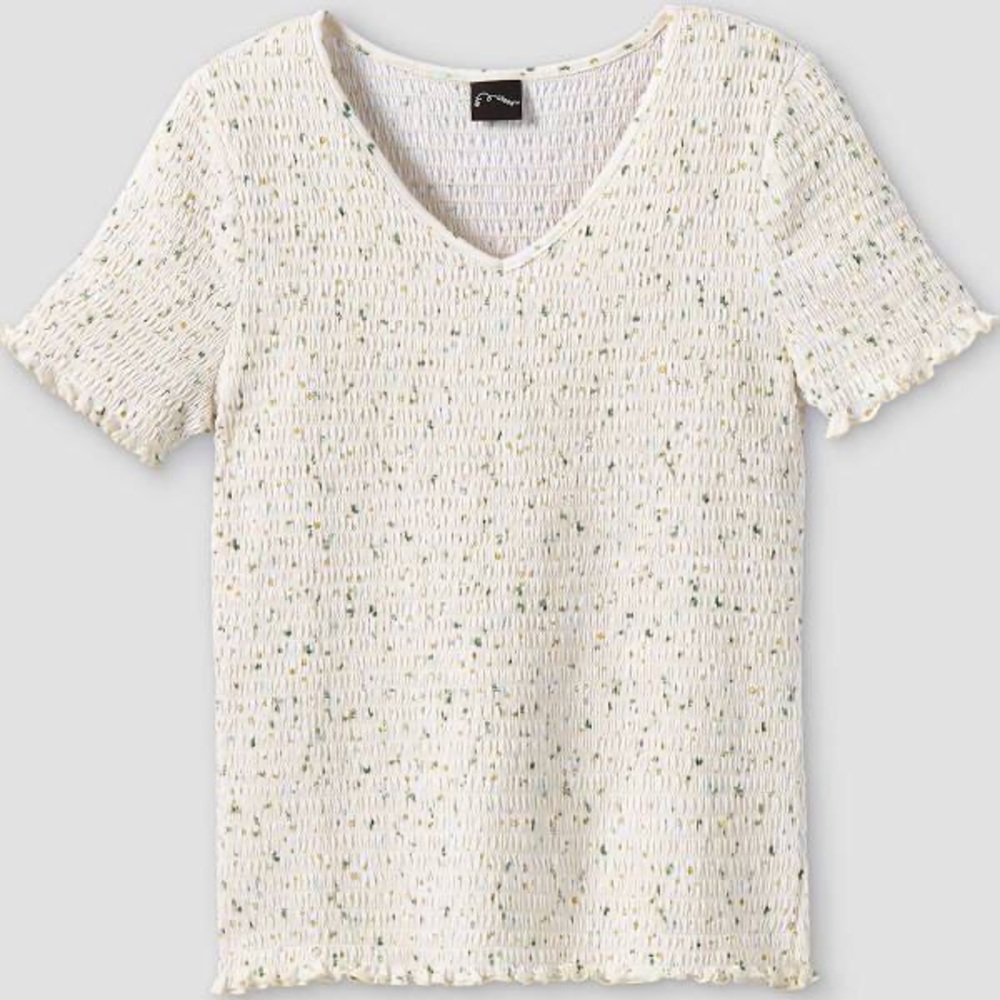 Girls’ Smocked Short Sleeve V-neck T-Shirt art class Cream Floral L 10/12